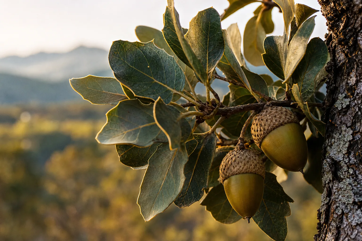 Bellotas y hojas de encino al atardecer