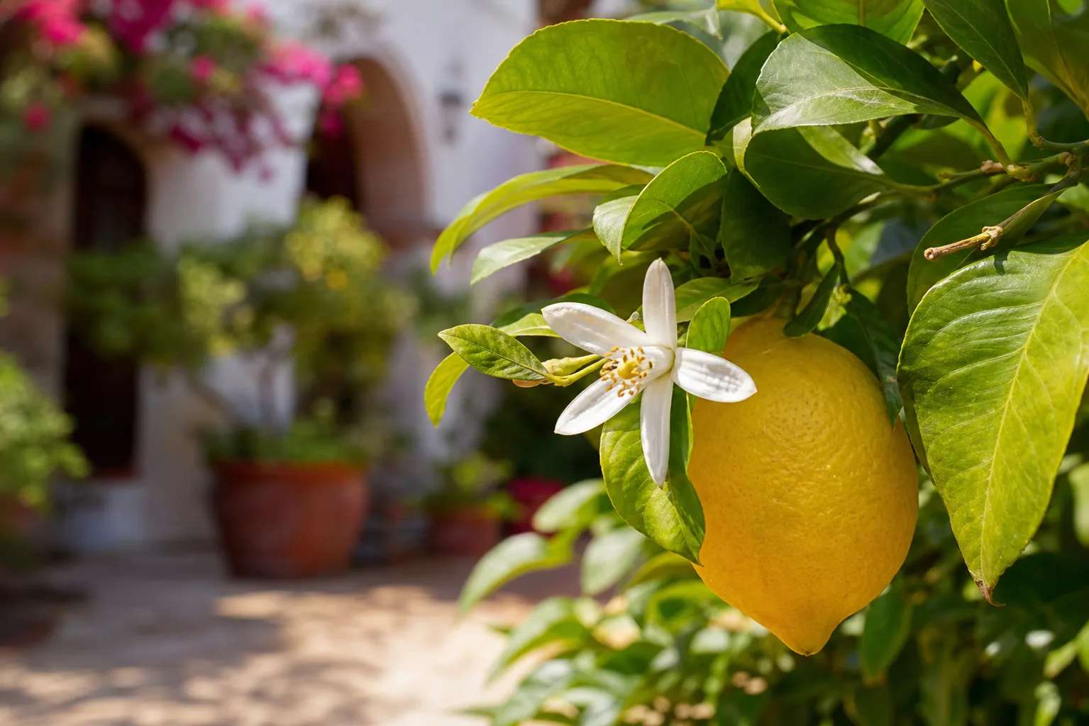 Flor y fruto de limonero en un patio soleado
