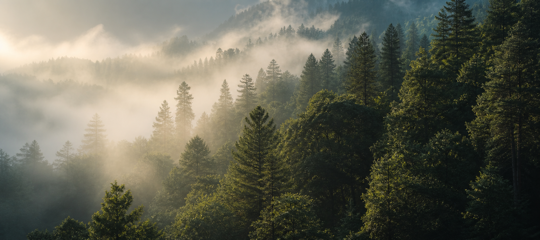 Bosque de pinos y encinos al amanecer entre neblina